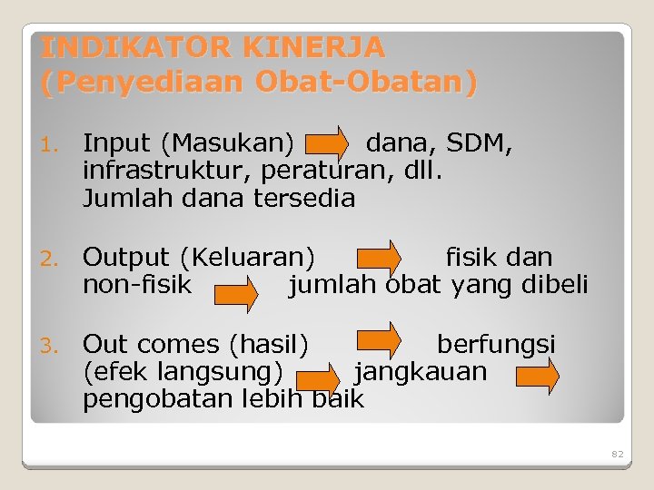 INDIKATOR KINERJA (Penyediaan Obat-Obatan) 1. Input (Masukan) dana, SDM, infrastruktur, peraturan, dll. Jumlah dana