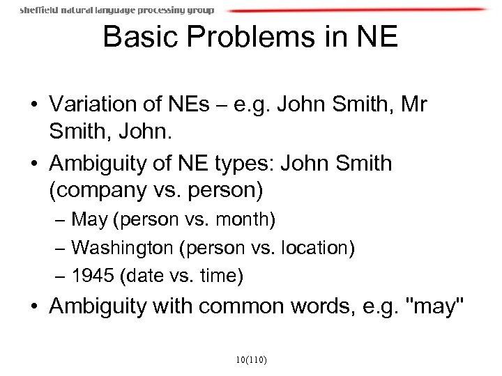 Basic Problems in NE • Variation of NEs – e. g. John Smith, Mr