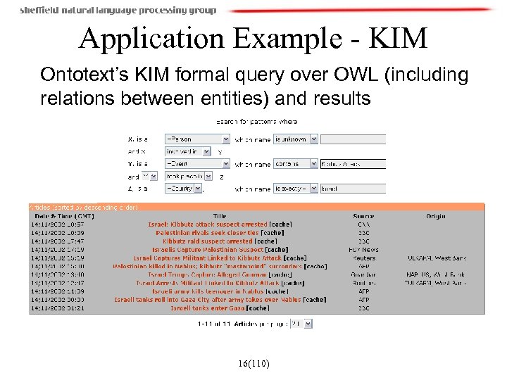 Application Example - KIM Ontotext’s KIM formal query over OWL (including relations between entities)