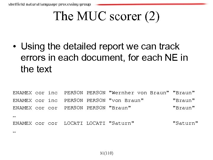 The MUC scorer (2) • Using the detailed report we can track errors in