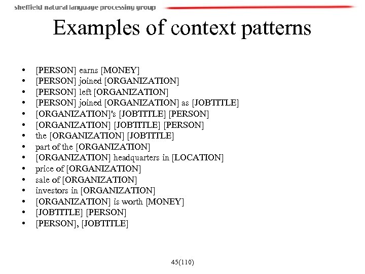 Examples of context patterns • • • • [PERSON] earns [MONEY] [PERSON] joined [ORGANIZATION]