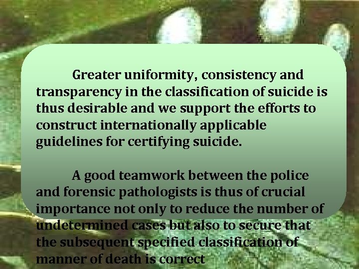 Greater uniformity, consistency and transparency in the classification of suicide is thus desirable and