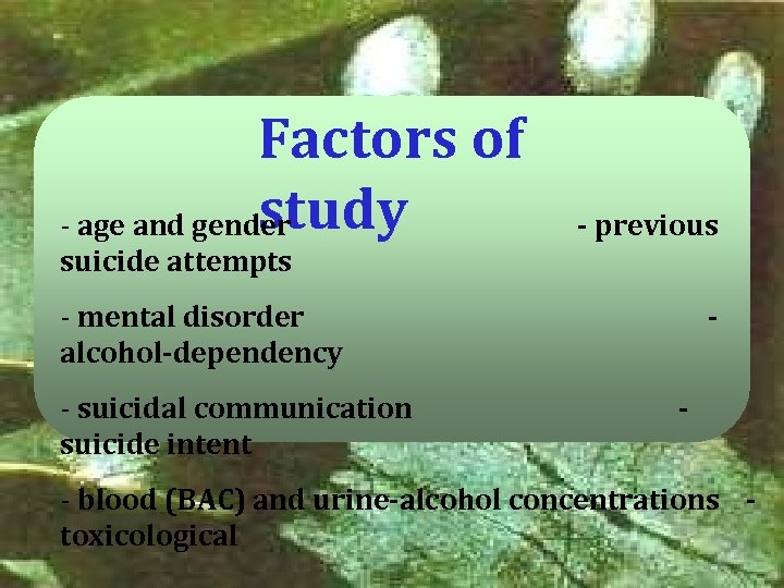 Factors of study - age and gender - previous suicide attempts - mental disorder