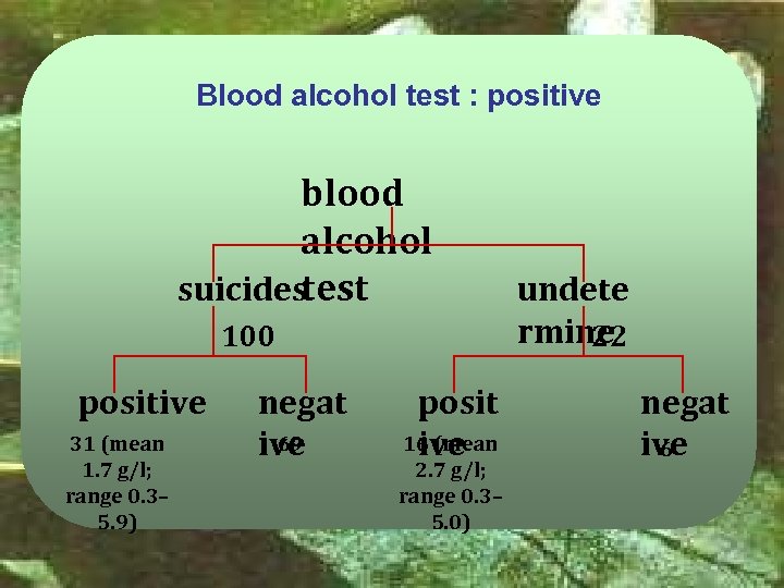 Blood alcohol test : positive blood alcohol suicidestest 100 positive 31 (mean 1. 7