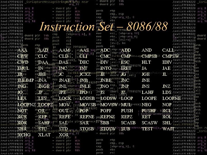 Instruction Set – 8086/88 AAA CBW CWD IMUL JB JLEJMP JNG JO LEA LOOPNZ