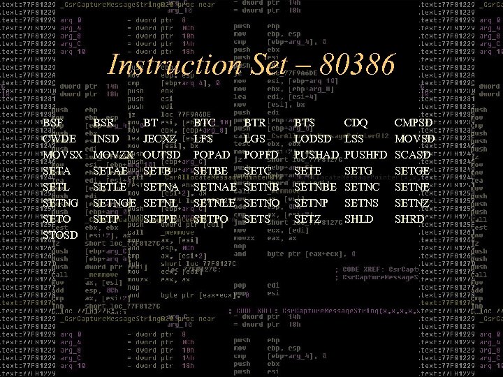 Instruction Set – 80386 BSF CWDE MOVSX SETA SETL SETNG SETO STOSD BSR INSD