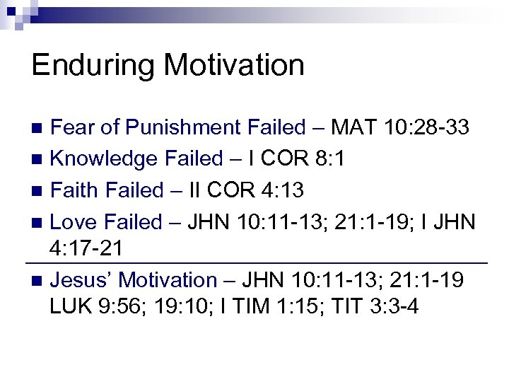 Enduring Motivation Fear of Punishment Failed – MAT 10: 28 -33 n Knowledge Failed