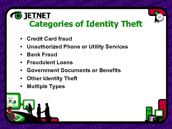 Categories of Identity Theft • • Credit Card fraud Unauthorized Phone or Utility Services