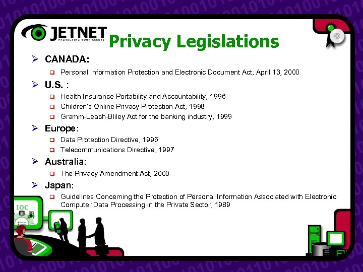 Privacy Legislations Ø CANADA: q Personal Information Protection and Electronic Document Act, April 13,