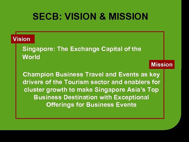 SECB: VISION & MISSION Vision Singapore: The Exchange Capital of the World Mission Champion