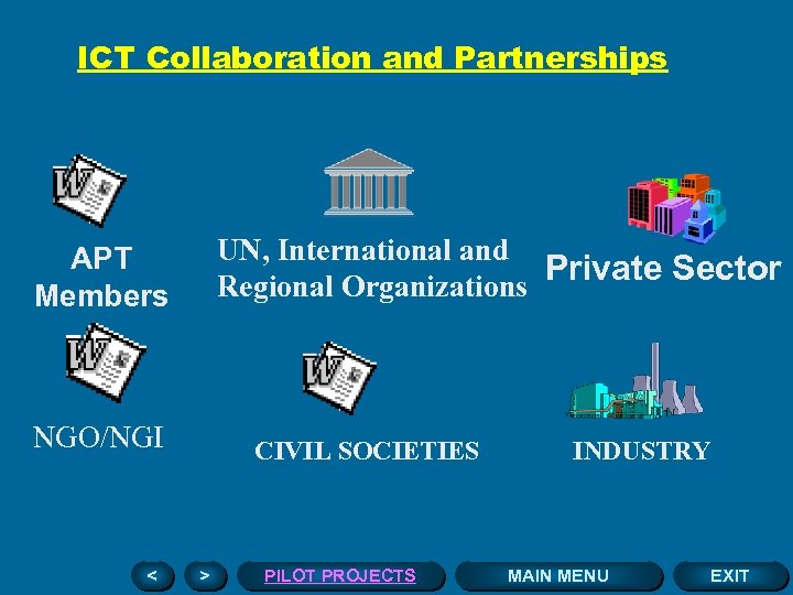 ICT Collaboration and Partnerships UN, International and Private Sector Regional Organizations APT Members NGO/NGI