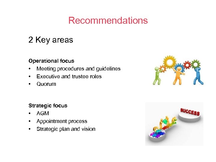 Recommendations 2 Key areas Operational focus • Meeting procedures and guidelines • Executive and