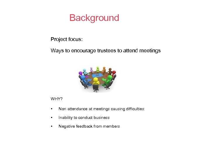 Background Project focus: Ways to encourage trustees to attend meetings WHY? • Non attendance