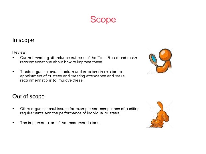 Scope In scope Review: • Current meeting attendance patterns of the Trust Board and