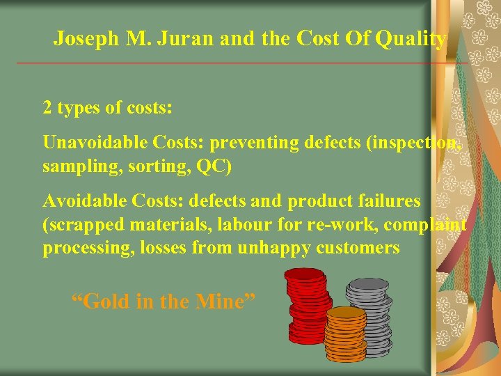 Joseph M. Juran and the Cost Of Quality 2 types of costs: Unavoidable Costs: