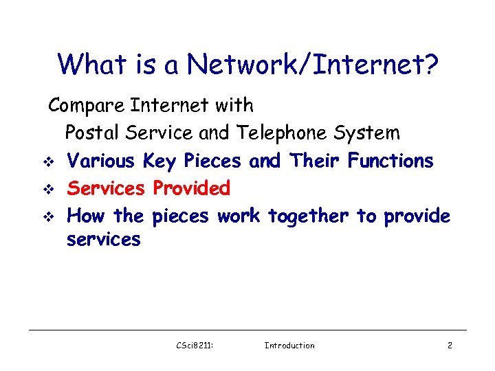What is a Network/Internet? Compare Internet with Postal Service and Telephone System v Various