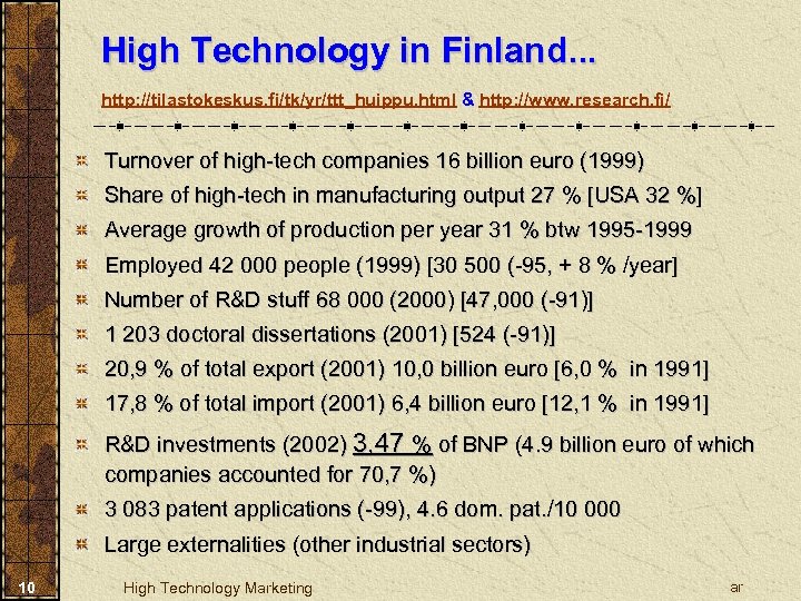High Technology in Finland. . . http: //tilastokeskus. fi/tk/yr/ttt_huippu. html & http: //www. research.