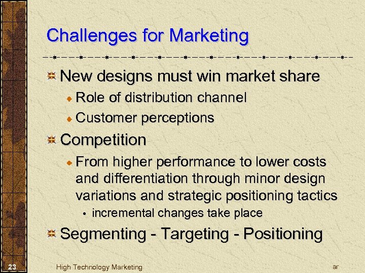 Challenges for Marketing New designs must win market share Role of distribution channel Customer