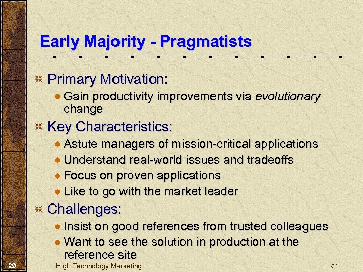 Early Majority - Pragmatists Primary Motivation: Gain productivity improvements via evolutionary change Key Characteristics: