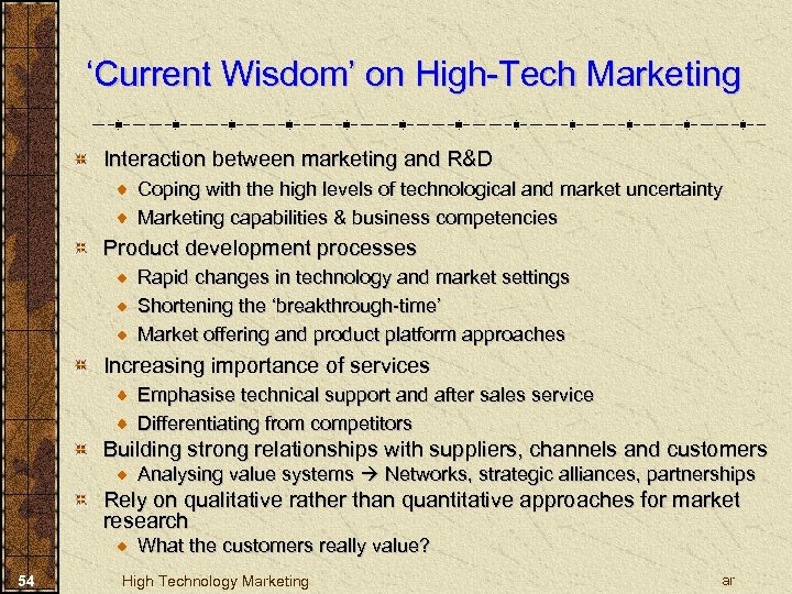 ‘Current Wisdom’ on High-Tech Marketing Interaction between marketing and R&D Coping with the high