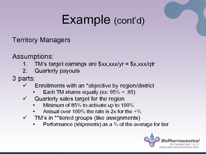 Example (cont’d) Territory Managers Assumptions: 1. 2. TM’s target earnings are $xx, xxx/yr =