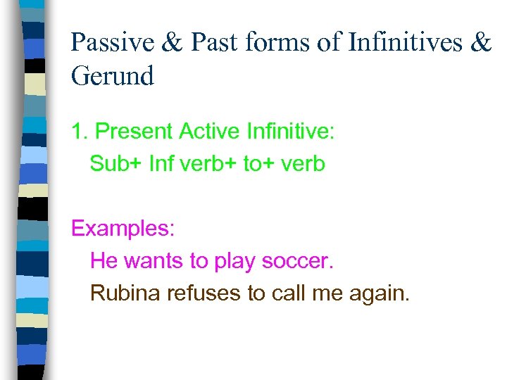 Passive & Past forms of Infinitives & Gerund 1. Present Active Infinitive: Sub+ Inf