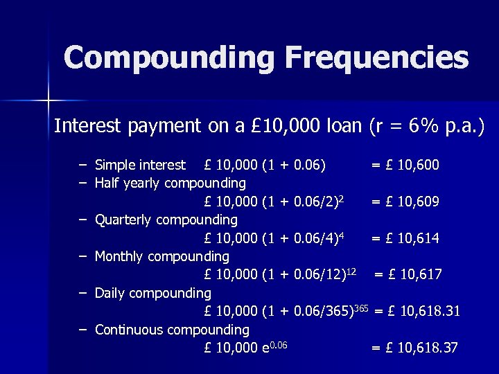 Compounding Frequencies Interest payment on a £ 10, 000 loan (r = 6% p.
