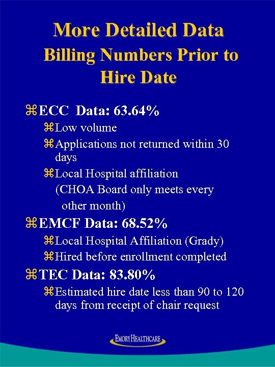 More Detailed Data Billing Numbers Prior to Hire Date z ECC Data: 63. 64%