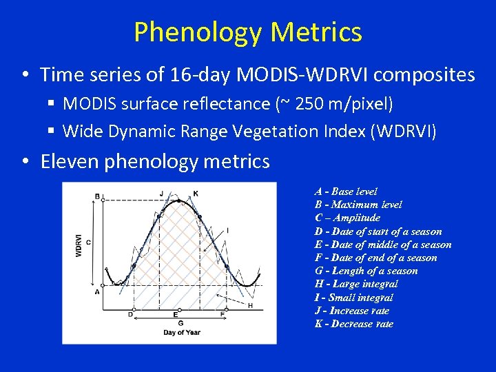 Phenology Metrics • Time series of 16 -day MODIS-WDRVI composites § MODIS surface reflectance