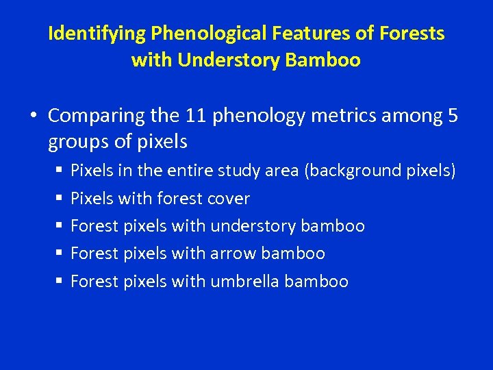 Identifying Phenological Features of Forests with Understory Bamboo • Comparing the 11 phenology metrics