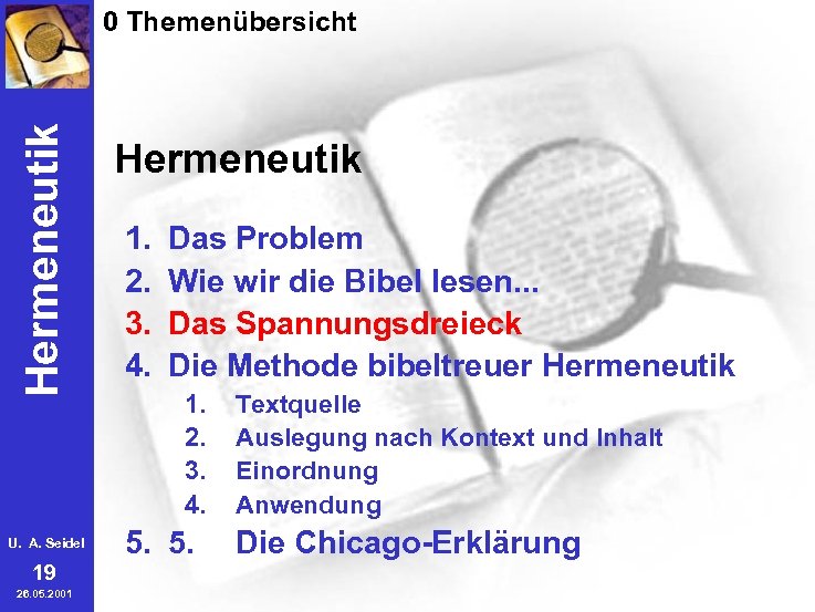 Hermeneutik 0 Themenübersicht U. A. Seidel 19 26. 05. 2001 Hermeneutik 1. 2. 3.