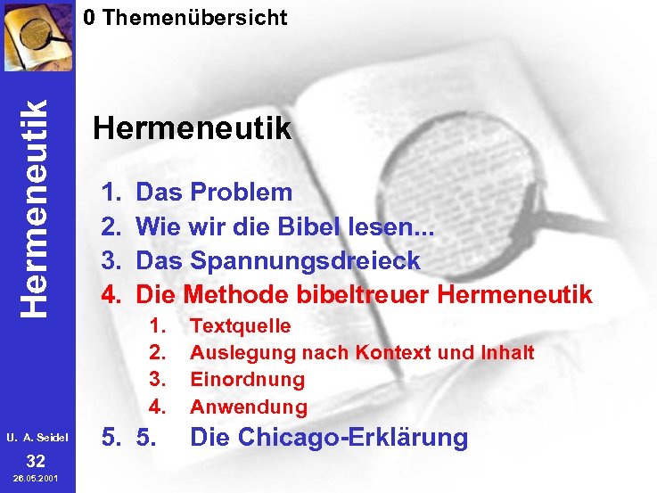 Hermeneutik 0 Themenübersicht U. A. Seidel 32 26. 05. 2001 Hermeneutik 1. 2. 3.