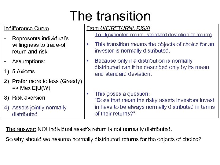 The transition Indifference Curve - Represents individual’s willingness to trade-off return and risk -