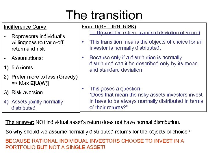 The transition Indifference Curve - Represents individual’s willingness to trade-off return and risk -