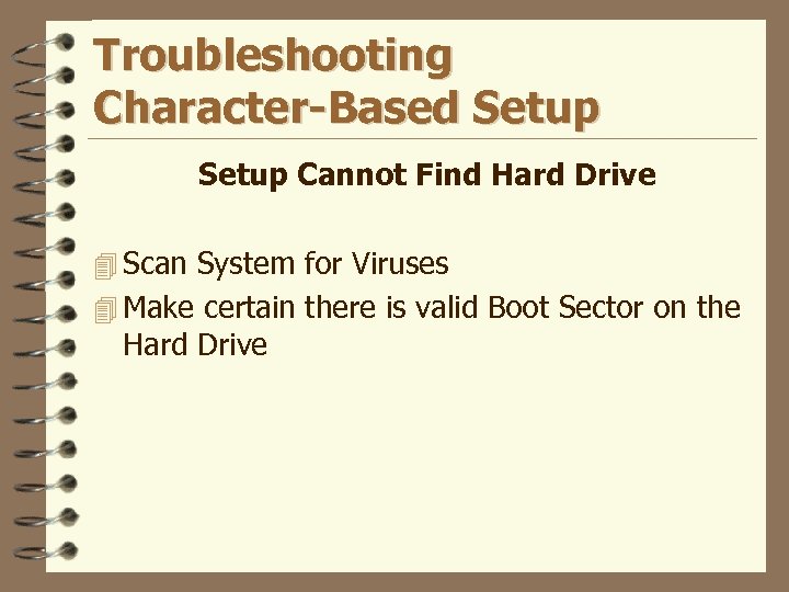 Troubleshooting Character-Based Setup Cannot Find Hard Drive 4 Scan System for Viruses 4 Make