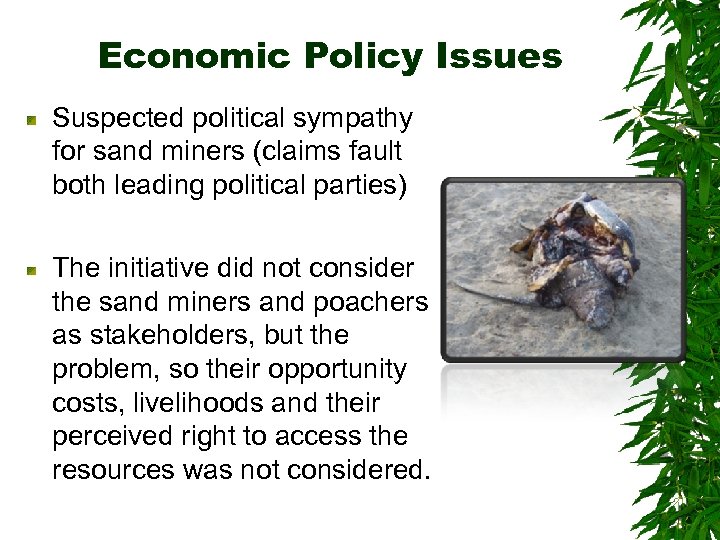 Economic Policy Issues Suspected political sympathy for sand miners (claims fault both leading political