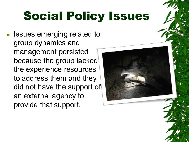 Social Policy Issues emerging related to group dynamics and management persisted because the group