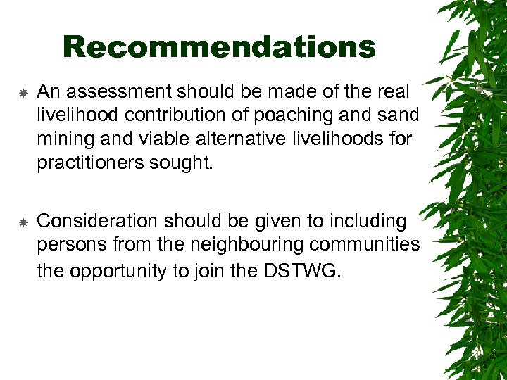 Recommendations An assessment should be made of the real livelihood contribution of poaching and