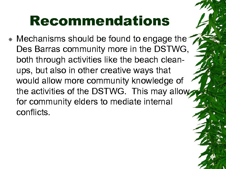 Recommendations Mechanisms should be found to engage the Des Barras community more in the