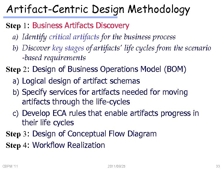 Artifact-Centric Design Methodology Step 1: Business Artifacts Discovery a) Identify critical artifacts for the