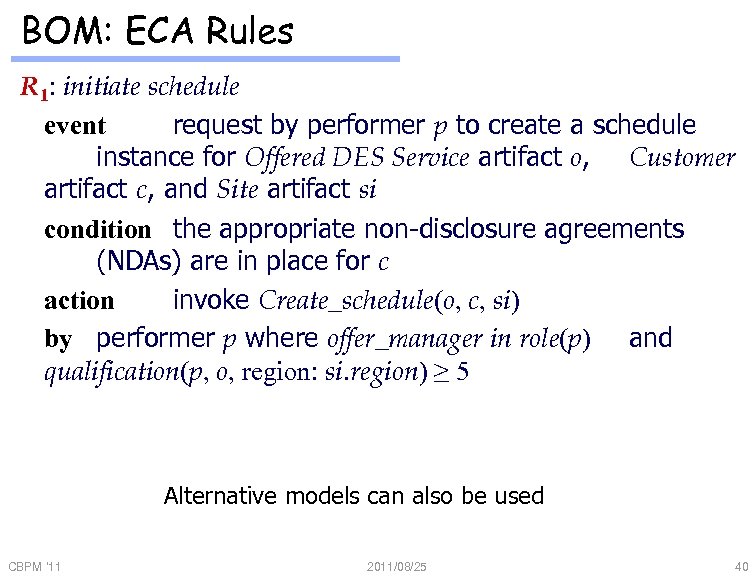 BOM: ECA Rules R 1: initiate schedule event request by performer p to create