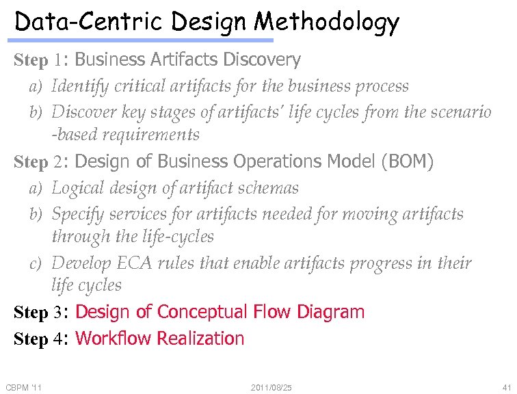 Data-Centric Design Methodology Step 1: Business Artifacts Discovery a) Identify critical artifacts for the