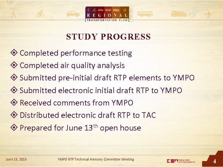 STUDY PROGRESS Completed performance testing Completed air quality analysis Submitted pre-initial draft RTP elements