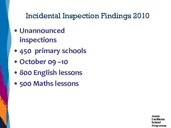 Incidental Inspection Findings 2010 • Unannounced inspections • 450 primary schools • October 09