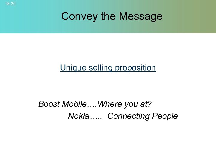 18 -20 Convey the Message Unique selling proposition Boost Mobile…. Where you at? Nokia….
