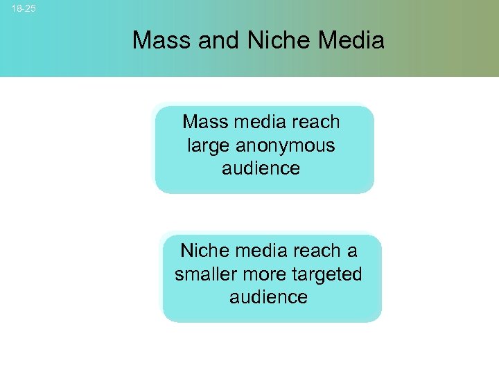 18 -25 Mass and Niche Media Mass media reach large anonymous audience Niche media