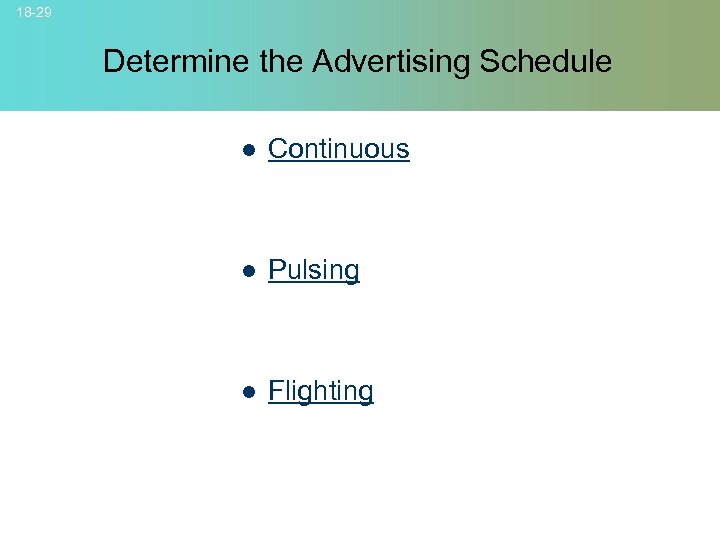 18 -29 Determine the Advertising Schedule l Continuous l Pulsing l Flighting © 2007