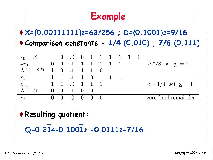 Example ¨X=(0. 00111111)2=63/256 ; D=(0. 1001)2=9/16 ¨Comparison constants - 1/4 (0. 010) , 7/8