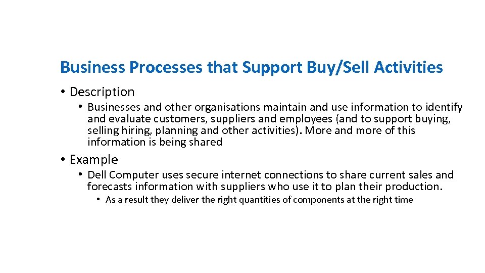 Business Processes that Support Buy/Sell Activities • Description • Businesses and other organisations maintain