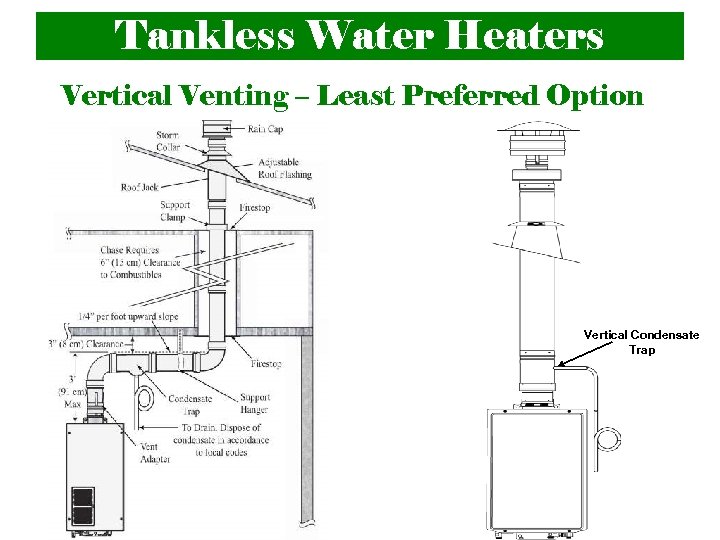 Tankless Water Heaters Vertical Venting – Least Preferred Option Vertical Condensate Trap 